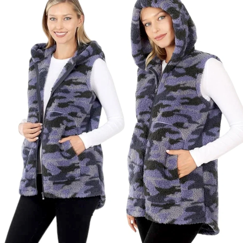 Zenana Sherpa Camouflage Print Zip-Up Hooded Vest with Pockets
